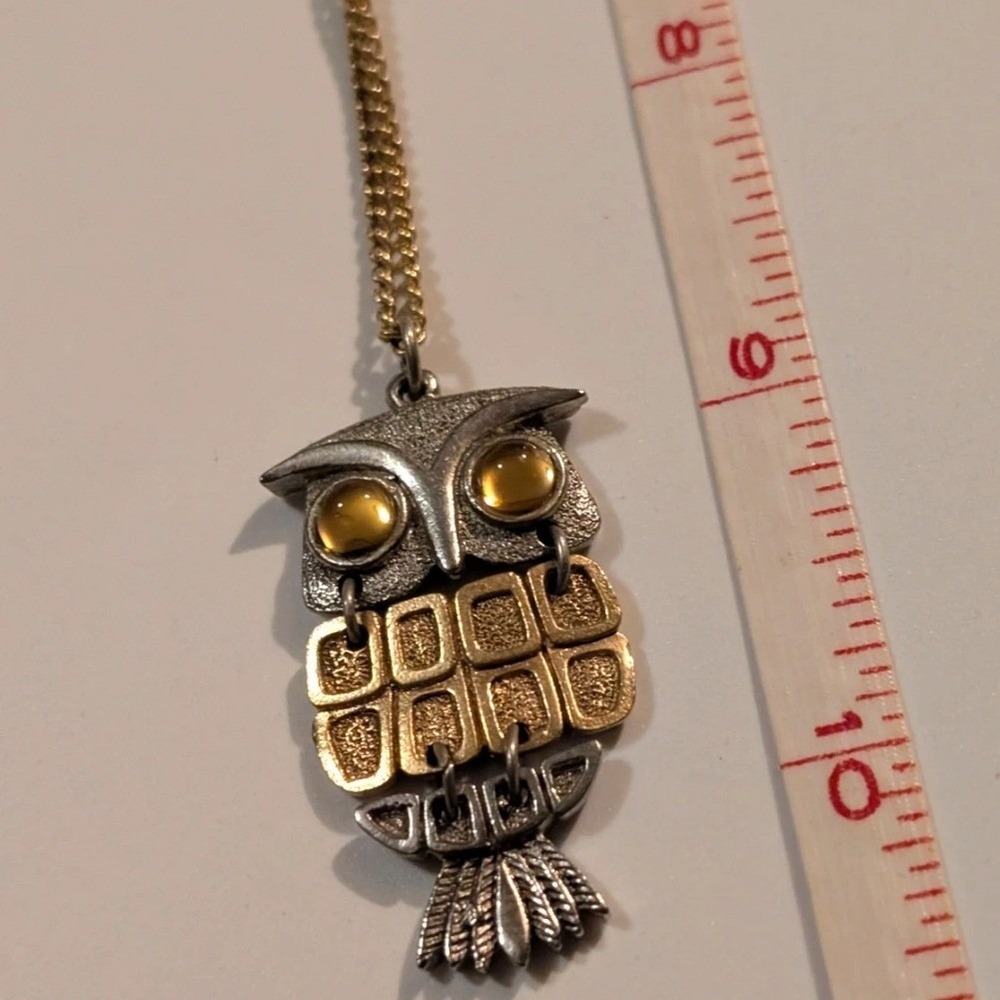 Vintage Articulated Owl Pendant Necklace Two Tone Amber Eyes Mid Century Style